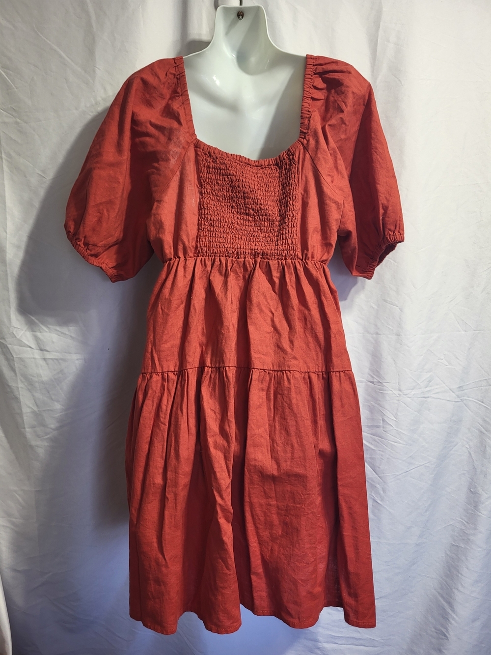 Joe Fresh Rust Red Puff-Sleeve Tiered Midi Dress, Size Large - Picture 2 of 6